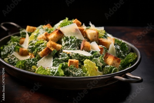 Detailed close-up photography of an exquisite caesar salad on a metal tray against a denim fabric background. AI Generation