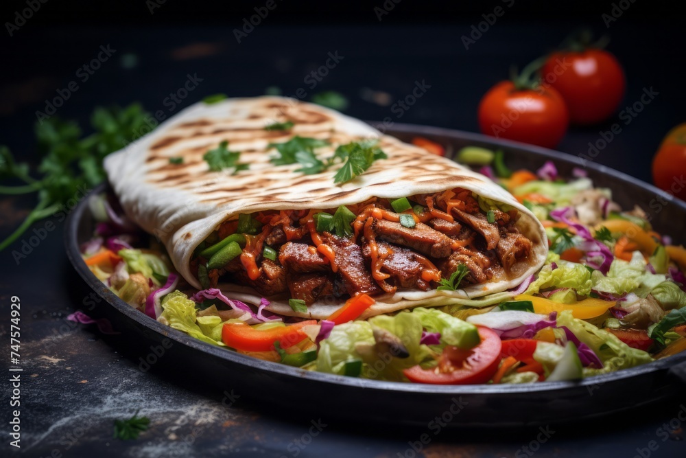 Close-up view photography of a juicy kebab on a plastic tray against a denim fabric background. AI Generation Close-up view photography of a juicy kebab on a plastic tray against a denim fabric background. AI Generation