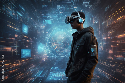 Portrait of a cyberpunk boy in a VR headset, in glasses of virtual reality, surrounded by virtual landscapes. © Natalia Prasm