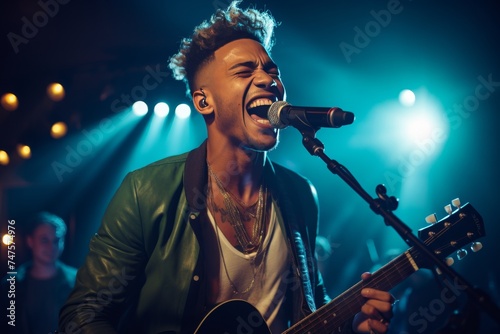 young african american man playing guitar and singing in microphone at stage, closeup on face