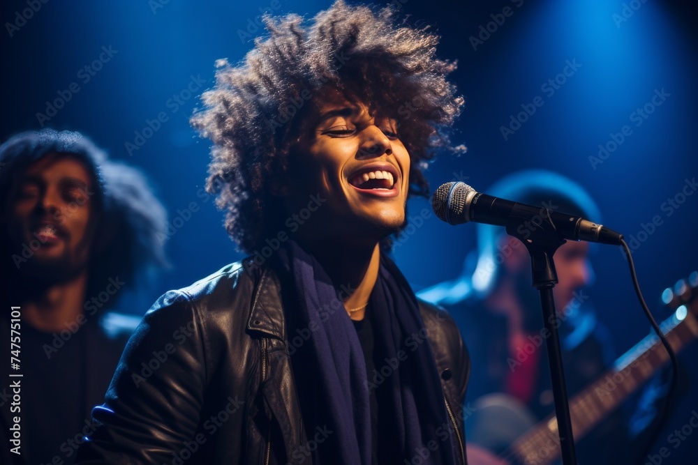young attractive african american man singing in microphone at stage, closeup on face