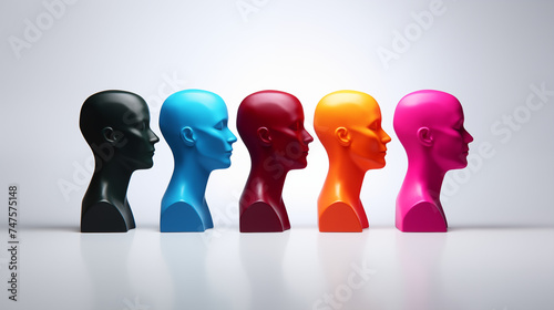 3d human head -group of heads in different colors. photo