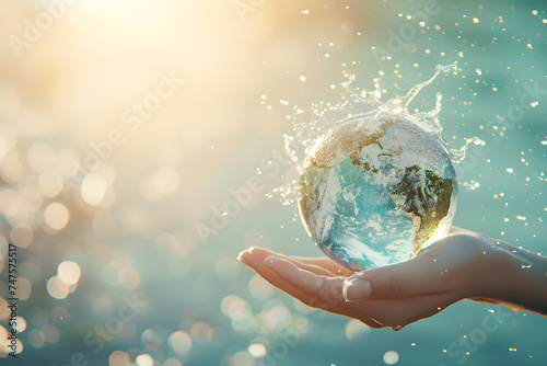 Hand holding Earth globe with water splash on blue bokeh background. World Water Day, Mother Earth day. Save water concept. Environmental problems and protection. Caring for nature and ecology