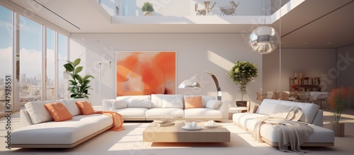 This image showcases a living room that is tastefully decorated with numerous pieces of white furniture. The space exudes a modern and bright aesthetic, creating a clean and crisp ambiance.