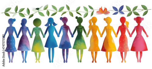 Lovely colorful farandole of ladies holding hands with leaves pattern, symbol of peace, unity and solidarity, page decoration, divider or banner, international women's day card, rainbow colors frieze