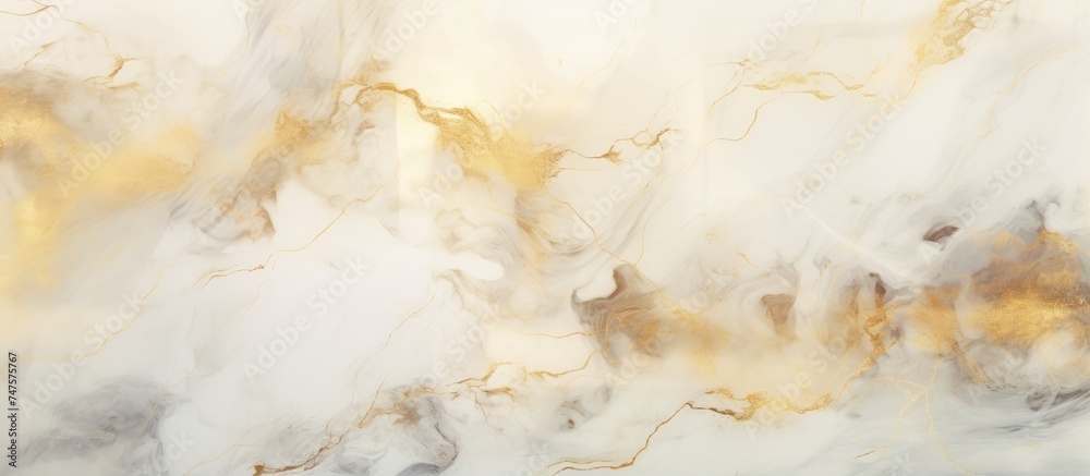 A detailed close-up of a marble surface featuring a sophisticated blend of gold and white colors. The intricate veining and glossy finish add a touch of elegance to the design. A detailed close-up of a marble surface featuring a sophisticated blend of gold and white colors. The intricate veining and glossy finish add a touch of elegance to the design.