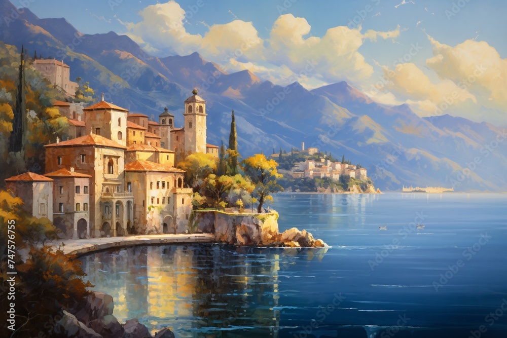 a painting of a town on a rocky shore by a body of water - obrazy, fototapety, plakaty 