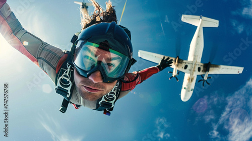 Low angle man during parachute with airplane background. photo