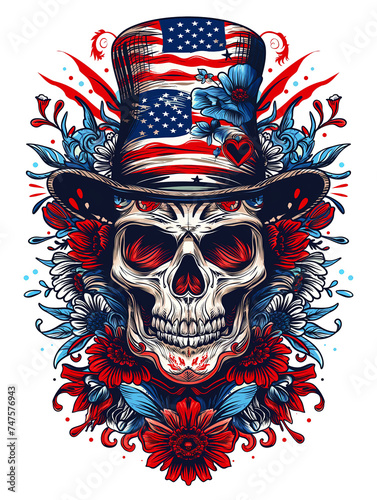 Ornate american flag skull, 4th of july, usa independence day, t-shirt design or poster, isolated on white background