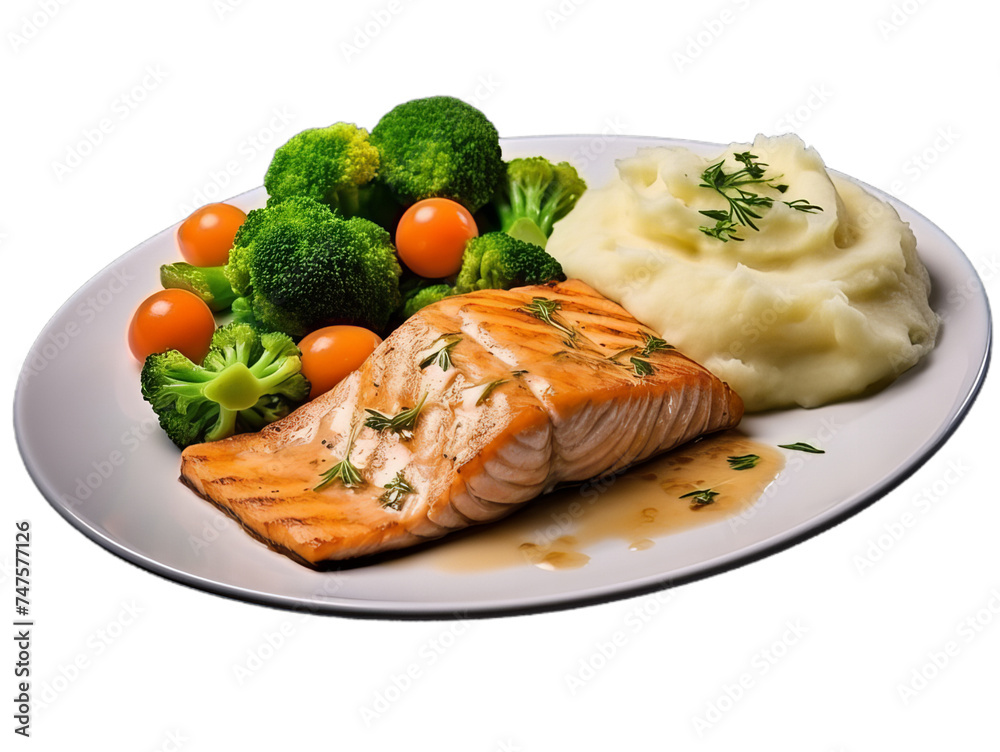 A raw salmon steak with potato and broccoli on the plate. Isollated on the transparent background. A raw salmon steak with potato and broccoli on the plate. Isollated on the transparent background.