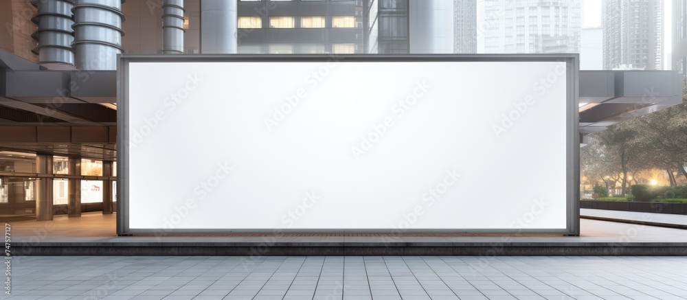 An empty billboard stands in the middle of a bustling city, waiting to display important information or advertisements to passing pedestrians and vehicles. An empty billboard stands in the middle of a bustling city, waiting to display important information or advertisements to passing pedestrians and vehicles.