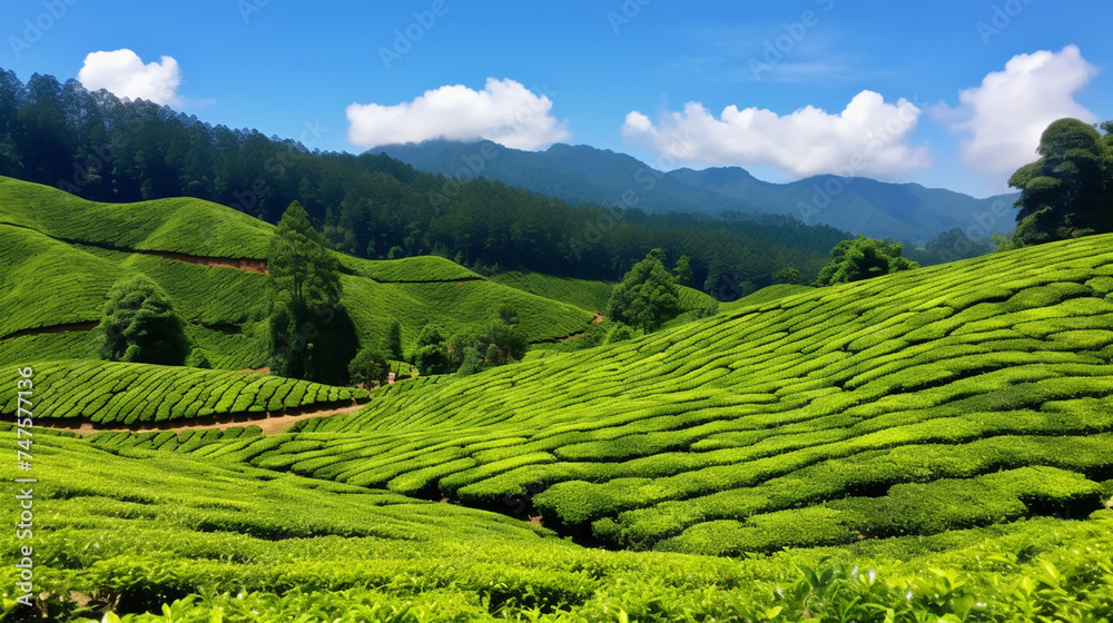The tea plantations background , Tea plantations in morning light The tea plantations background , Tea plantations in morning light
