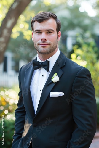 Handsome Groom in tuxedo or suit ready for the wedding to take the love of his life Generative AI photo