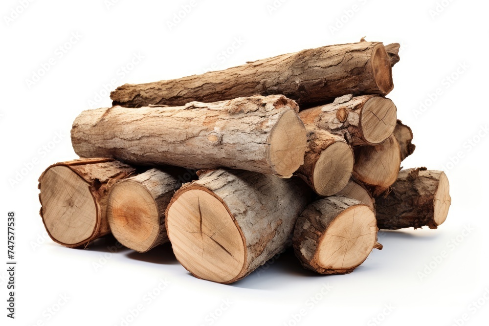 A pile of freshly cut, various sized wooden logs against a white background.