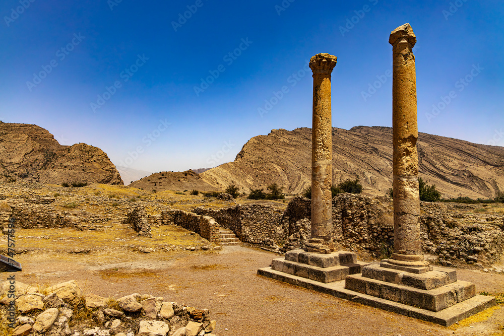 Iran, Fars Province. The Royal and Ceremonial Area of Bishapur City. Double Commemorative Columns (stand on the city center at the intersection of two main streets)