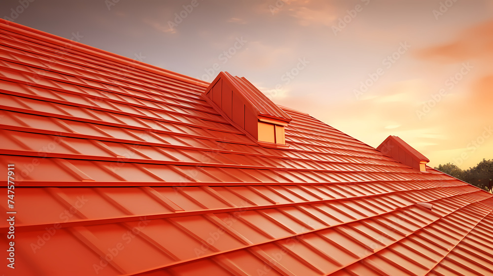 Close-up of roof of house with blue sky - obrazy, fototapety, plakaty 
