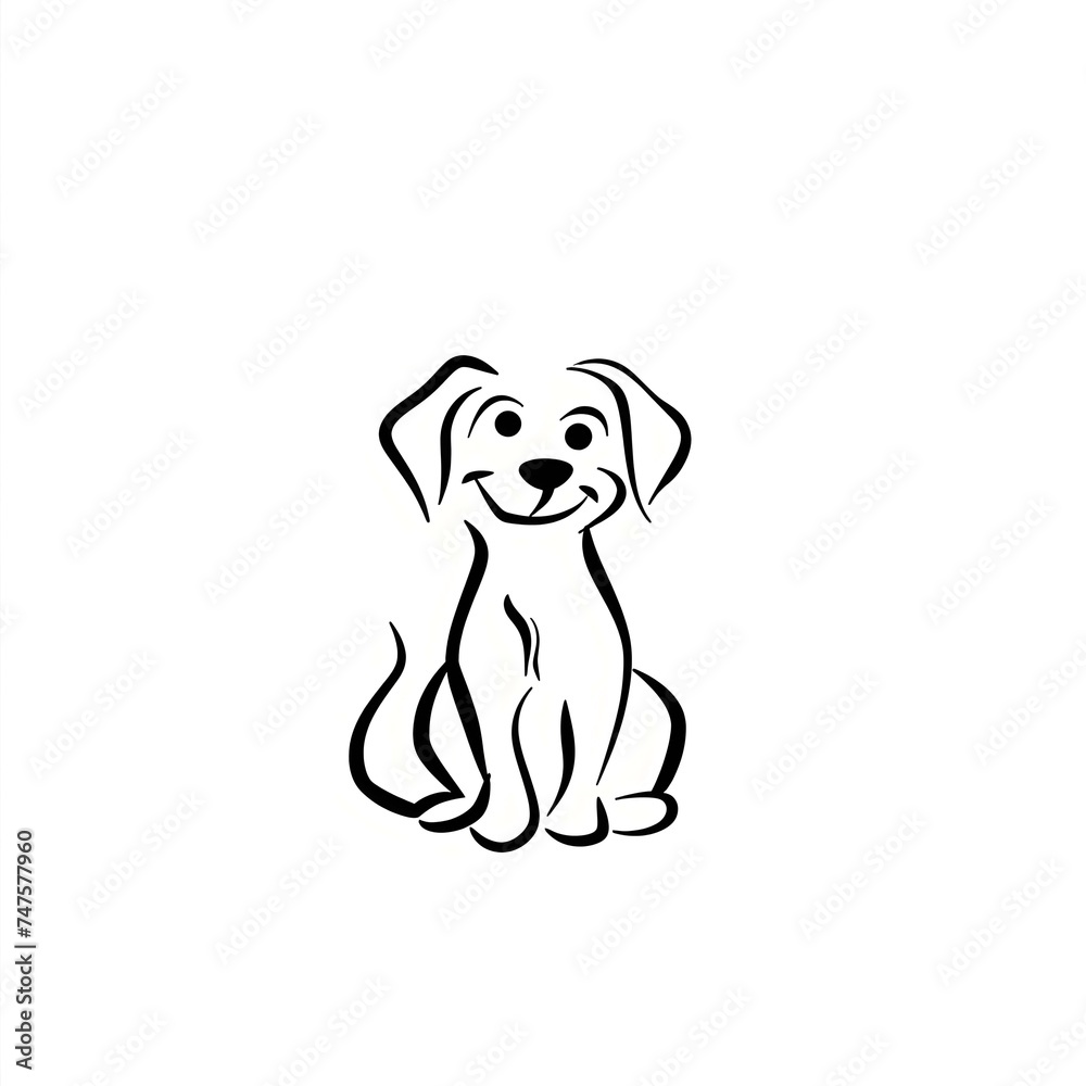 A minimalist illustration of a smiley dog, outlined in elegant black lines, positioned centrally on a white background. The dog is sitting with its tail curled around its paws, eyes looking directly f