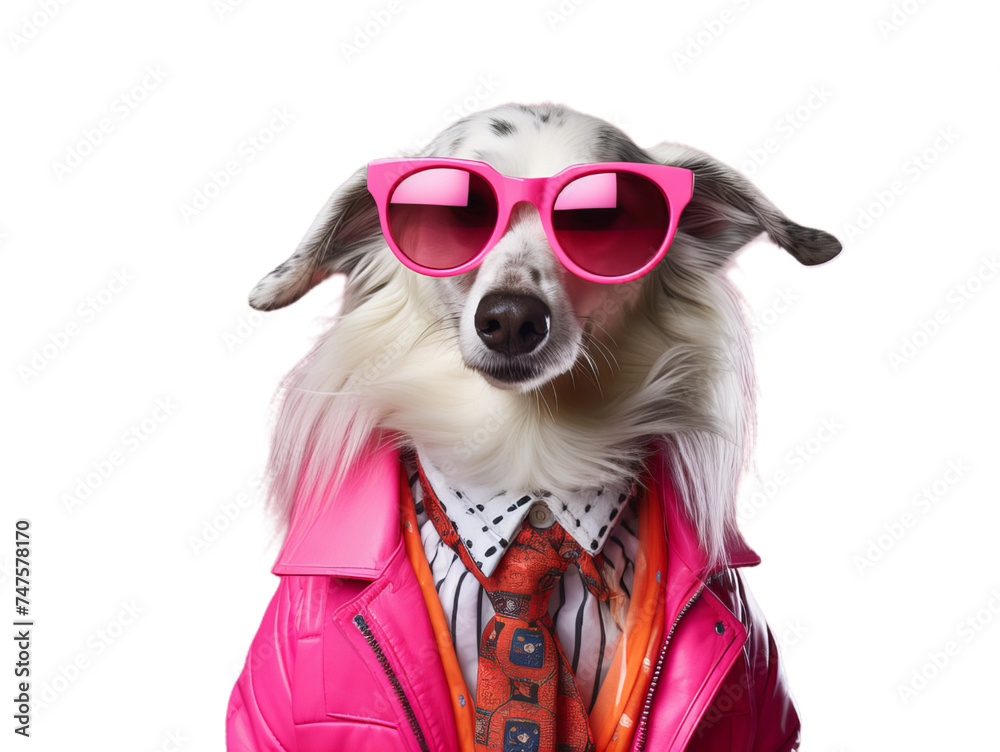 Cool small dog in the sunglasses and pink jacket on the transparent background