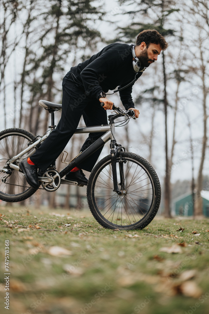 A focused man enjoying a bike ride in a park setting while wearing headphones, showcasing an active lifestyle and outdoor leisure activity. A focused man enjoying a bike ride in a park setting while wearing headphones, showcasing an active lifestyle and outdoor leisure activity.