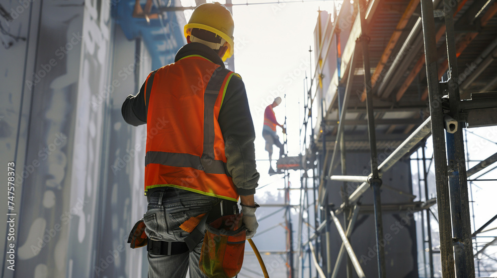 Foreman at construction site and inspect building structure and progress.
