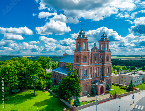 Turgeliai Church of the Assumption of the Blessed Virgin Mary in Vilnius county. Aerial view panoramic photo