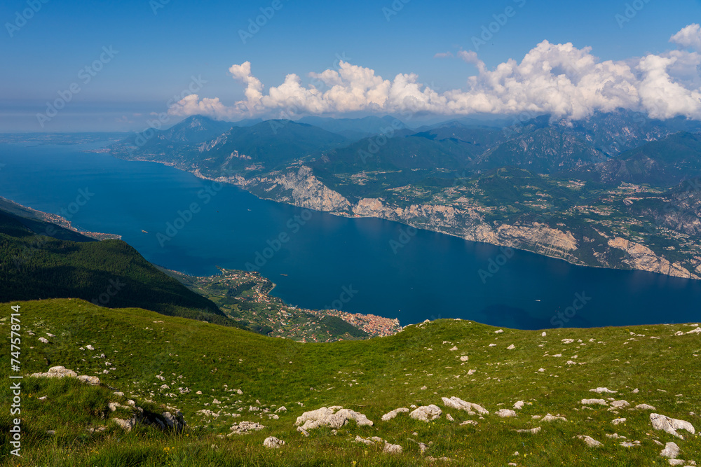 Panoramic view from Monte Baldo on Lake Garda near Malcesine in Italy.