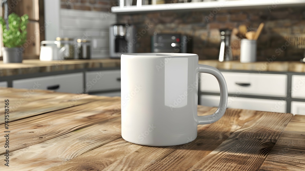 blank white mockup of coffee mug 20 oz with a background of a kitchen table - obrazy, fototapety, plakaty 
