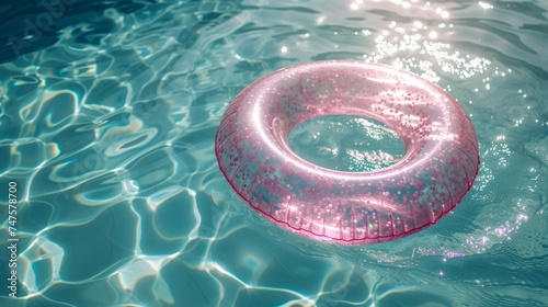 pink inflatable swimming ring with glitter on the water. © Yahor Shylau 