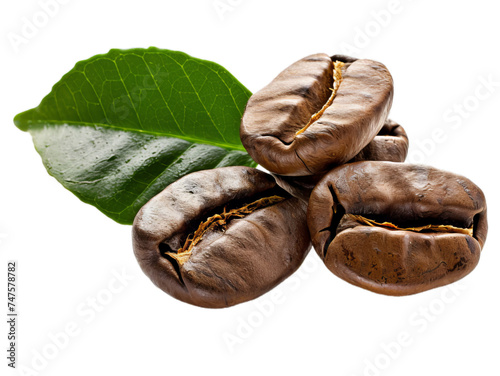 A few grains of coffee with green leaves.