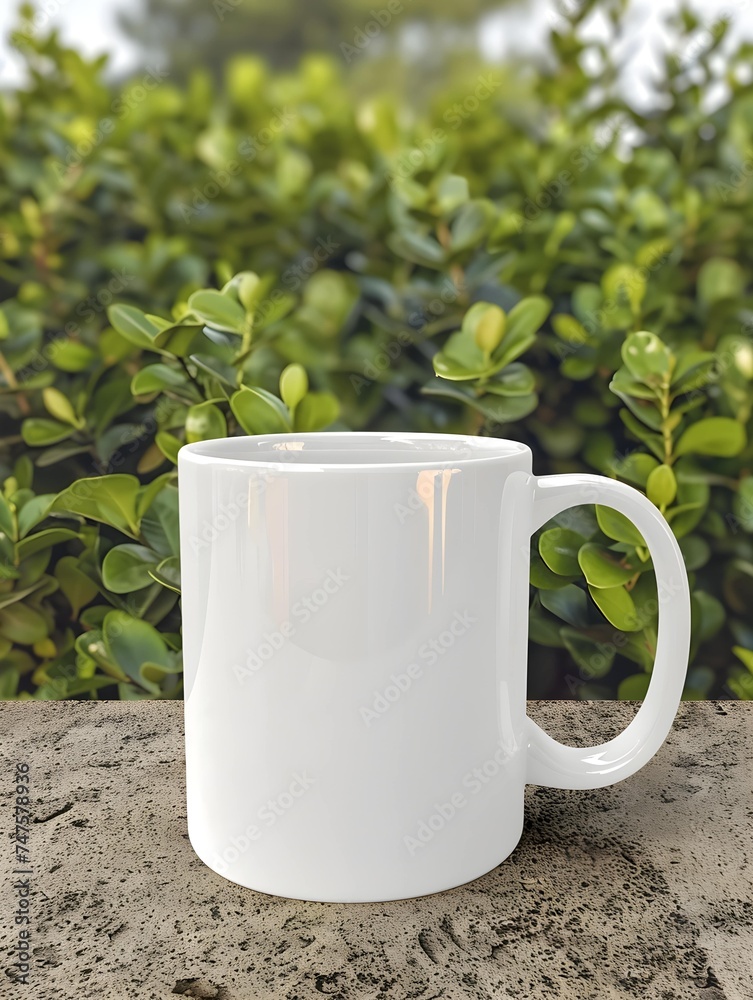Obraz premium Blank white mug with garden background