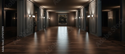 A long hallway with dark wood floors  track lights on either side  and large mirror doors reflecting the light. The hallway has a sleek and modern design.