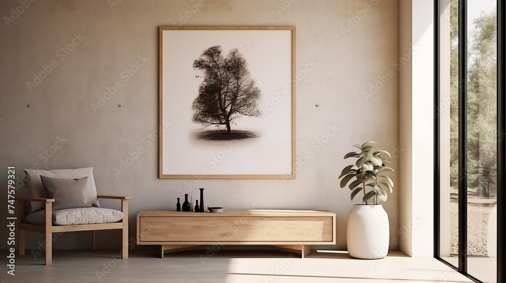 stylowe minimalistyczne wnętrze salonu z designerską komoda, fotel, nowoczesnym obrazem i eleganckimi akcesoriami osobistymi. Wystrój domu. Mockup na ścianie na plakat. Projektowanie wnętrz. Szablon.