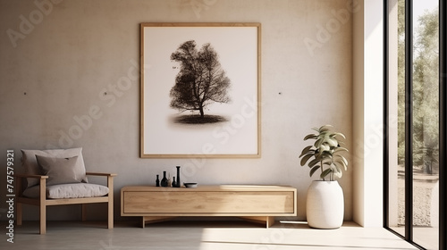 Obraz na płótnie stylowe minimalistyczne wnętrze salonu z designerską komoda, fotel, nowoczesnym obrazem i eleganckimi akcesoriami osobistymi. Wystrój domu. Mockup na ścianie na plakat. Projektowanie wnętrz. Szablon. w salonie
