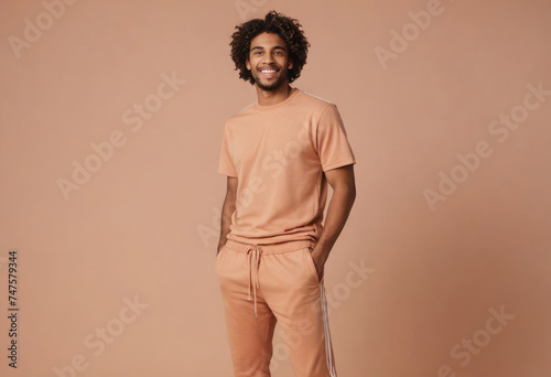 A man with curly hair smiling in beige sportswear. His stance is casual and confident.