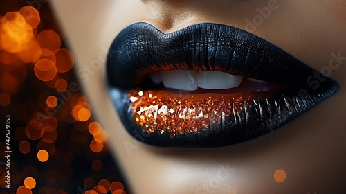 Macro and close-up creative make-up theme: beautiful female lips with black and orange lipstick and a drop of blood, halloween