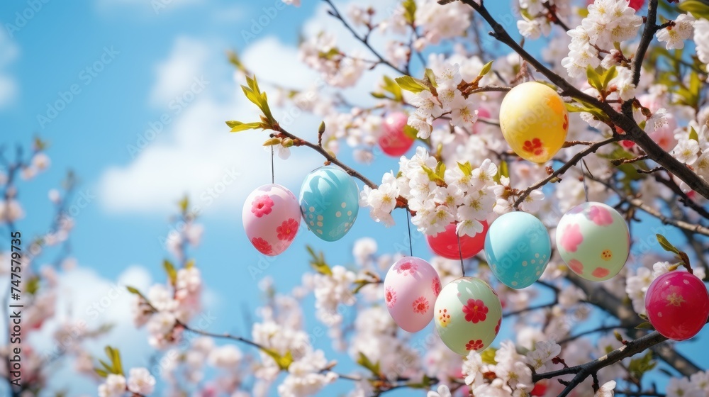 Colorful Easter eggs hanging on blooming tree branches outdoor in garden. Colorful Easter eggs hanging on blooming tree branches outdoor in garden.