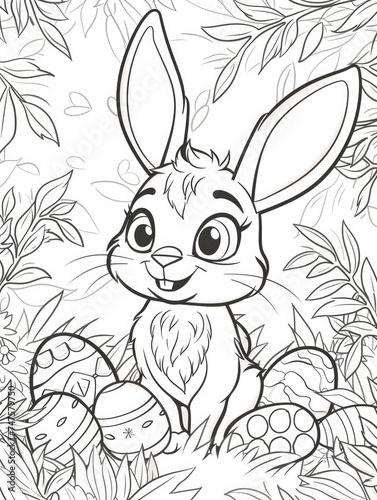 Coloring page outline of cartoon cute easter bunny with eggs. Coloring book for kids.