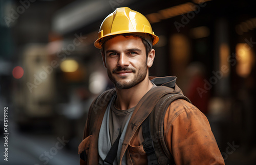 A cheerful male construction worker in a yellow hard hat and work vest against an urban backdrop