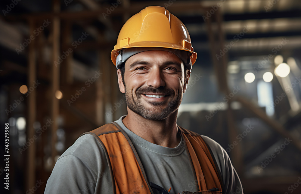Friendly foreman in a safety helmet and reflective vest posing in an under-construction interior Friendly foreman in a safety helmet and reflective vest posing in an under-construction interior
