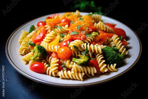 Pasta fusilli with broccoli, carrot, corn, and tomatoes.