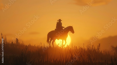 Silhouettes of cowboys riding horses at sunset