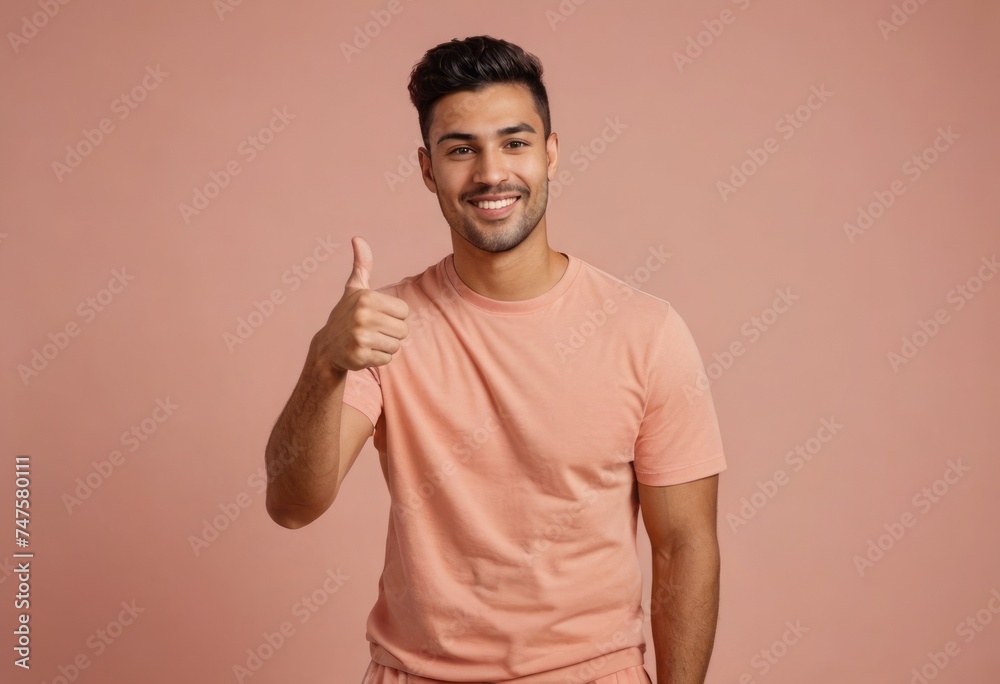 Fit man in a peach-colored tee giving a thumbs up, representing a sporty and active lifestyle. Fit man in a peach-colored tee giving a thumbs up, representing a sporty and active lifestyle.