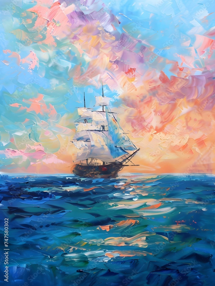 Large ship sailing the ocean, oil painting art
