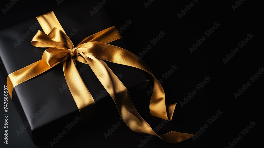 Gift box with decorations gold confetti on black