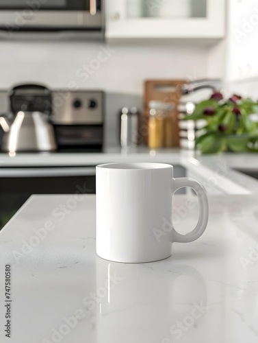 mockup photo of a 11 oz mug from district photo, mug sits on top of white kitchen counter light and airy