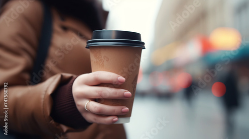 Female hand with paper cup of coffee take away.