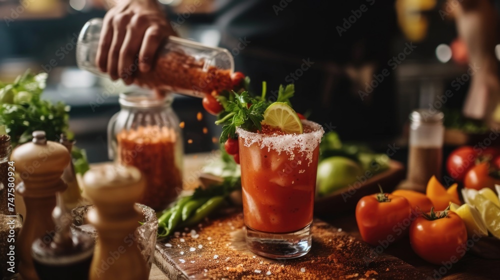 bartender skillfully pours a vibrant, spicy michelada into a salt-rimmed glass, ready to be enjoyed amidst a backdrop of fresh garnishes and savory snacks