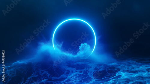 neon blue circle illuminates in dark stormy water, creating an ethereal atmosphere
