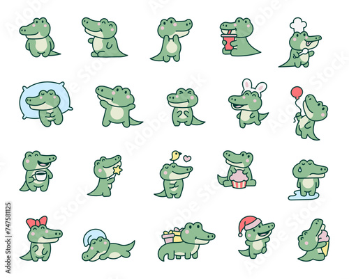 Cute kawaii crocodile. Cartoon adorable animal characters. Hand drawn style. Vector drawing. Collection of design elements.