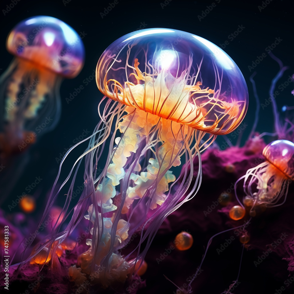 Glowing jellyfish swim in sea Glowing jellyfish swim in sea